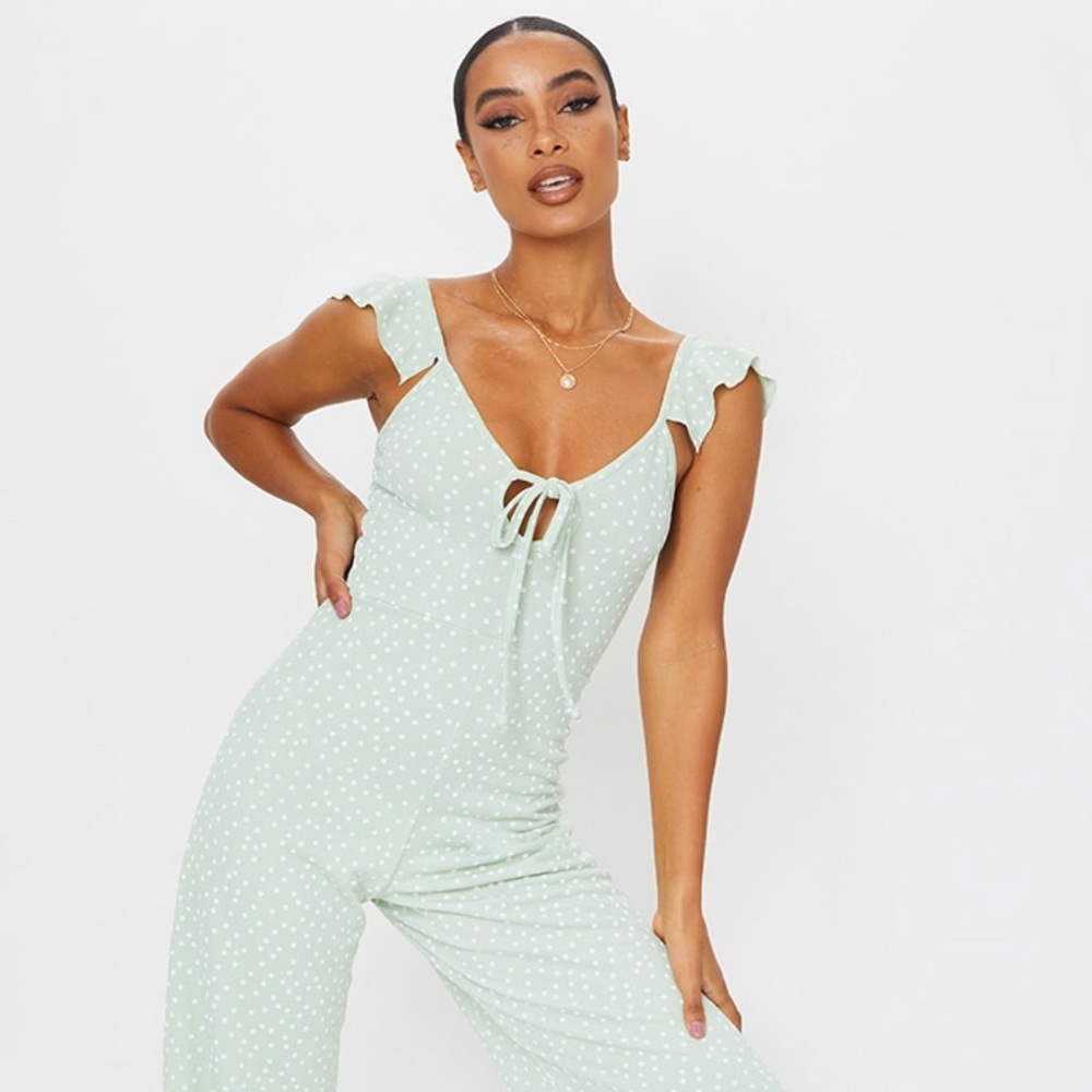 PLT Sage Polka Dot Frill Jumpsuit